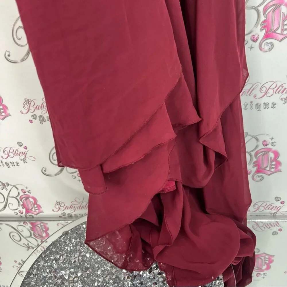 Qq fashion dress ruffle detail wine red Burgundy Evening Gown